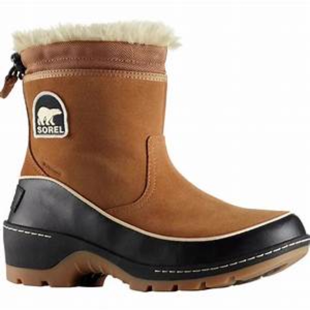 Sorel slip on Caribou snow bootie, faux fur trim, lug sole